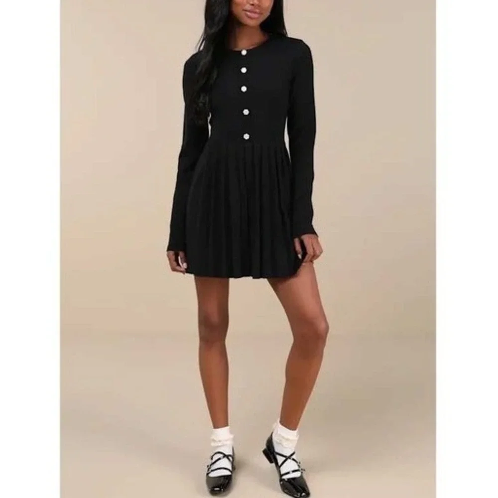 Lulus Black Ribbed Knit Button Front Pleated Skirt Dress Size M - Picture 6 of 15